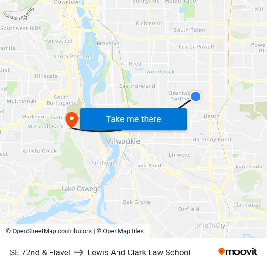 SE 72nd & Flavel to Lewis And Clark Law School map