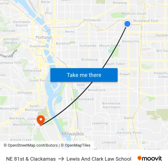 NE 81st & Clackamas to Lewis And Clark Law School map