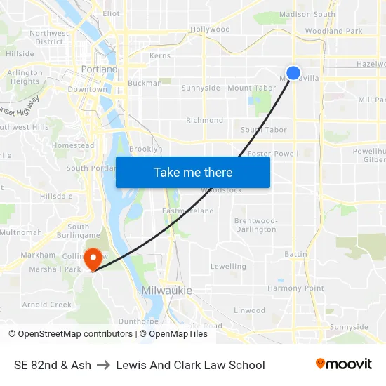 SE 82nd & Ash to Lewis And Clark Law School map