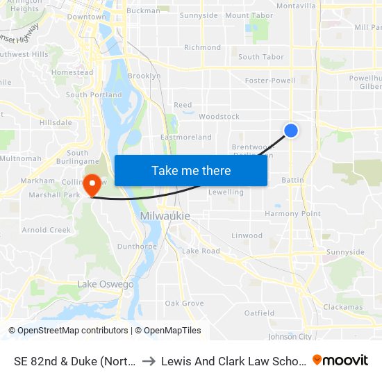 SE 82nd & Duke (North) to Lewis And Clark Law School map