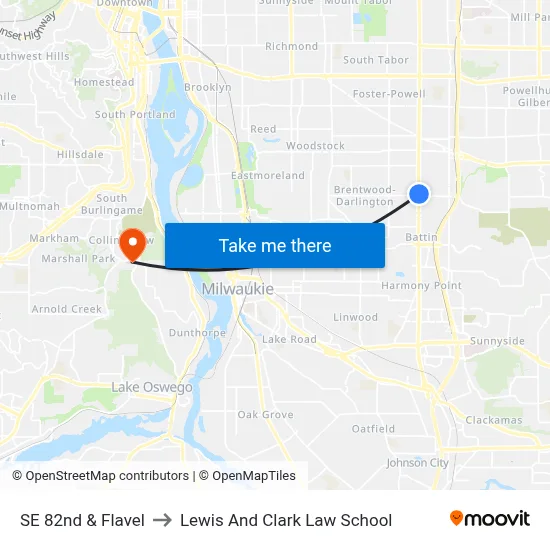 SE 82nd & Flavel to Lewis And Clark Law School map