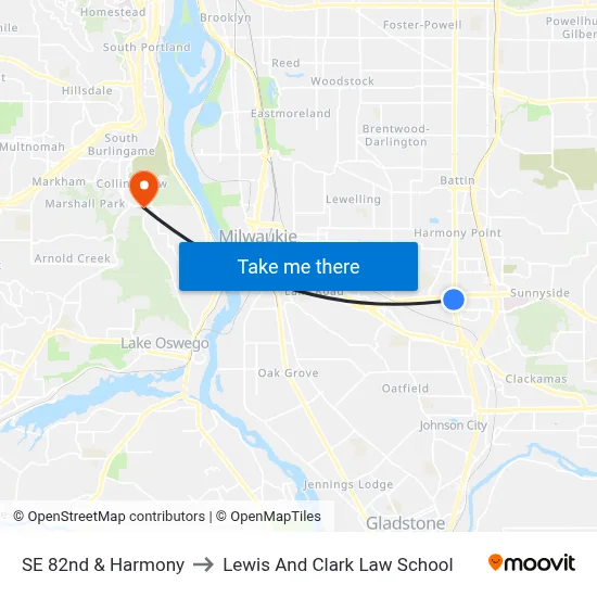 SE 82nd & Harmony to Lewis And Clark Law School map