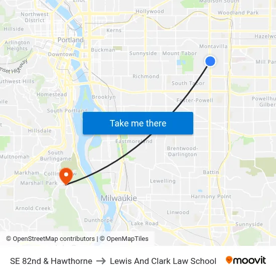 SE 82nd & Hawthorne to Lewis And Clark Law School map