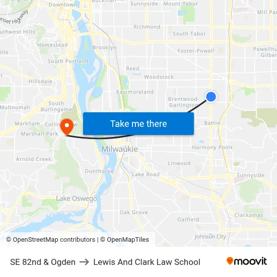 SE 82nd & Ogden to Lewis And Clark Law School map