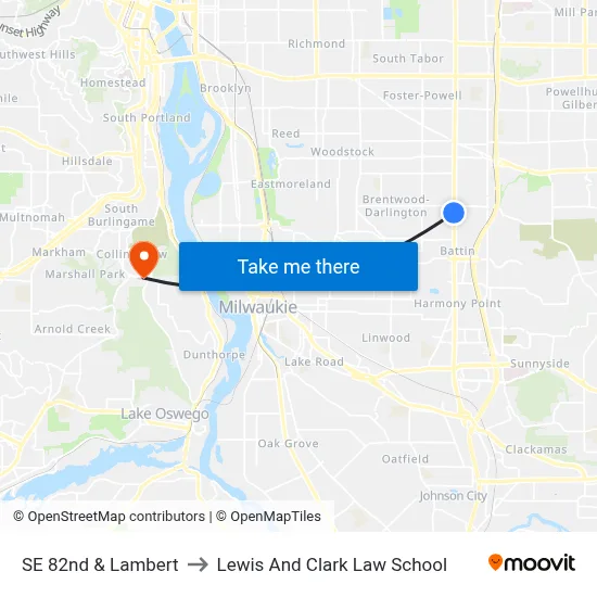 SE 82nd & Lambert to Lewis And Clark Law School map