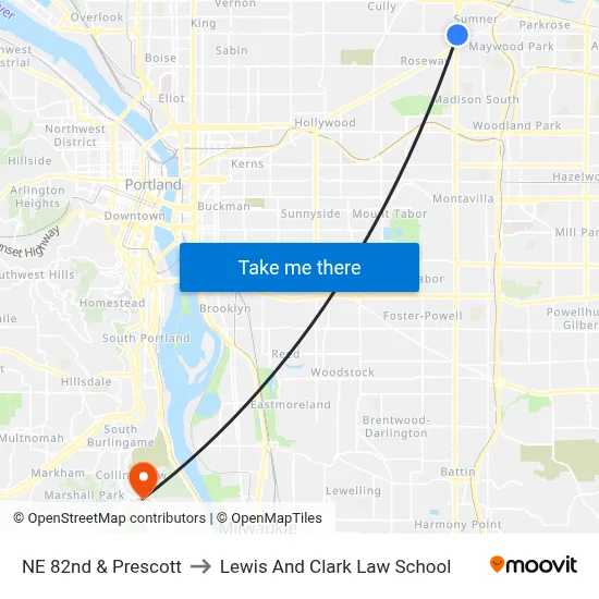 NE 82nd & Prescott to Lewis And Clark Law School map