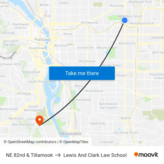 NE 82nd & Tillamook to Lewis And Clark Law School map