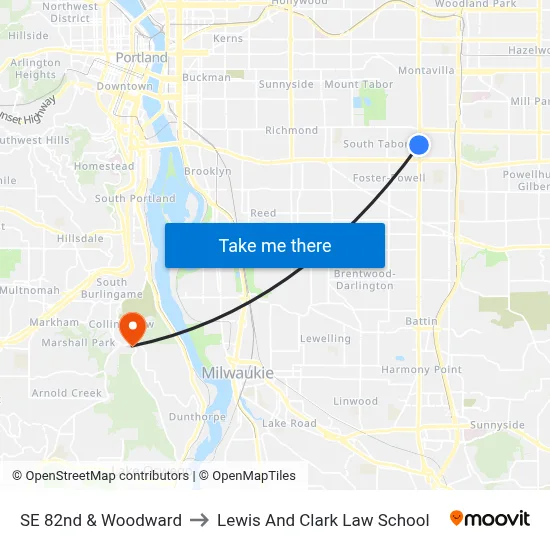 SE 82nd & Woodward to Lewis And Clark Law School map