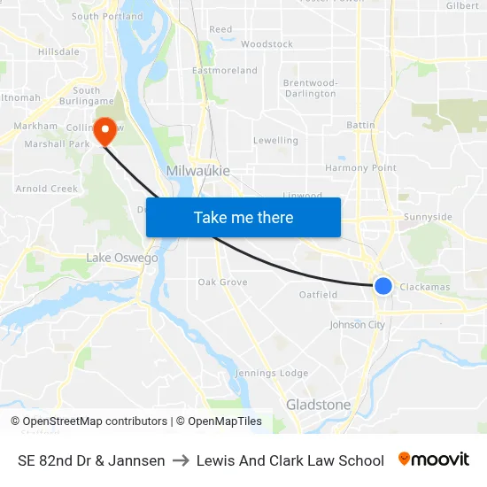 SE 82nd Dr & Jannsen to Lewis And Clark Law School map