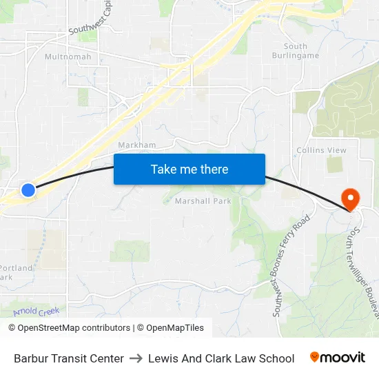 Barbur Transit Center to Lewis And Clark Law School map