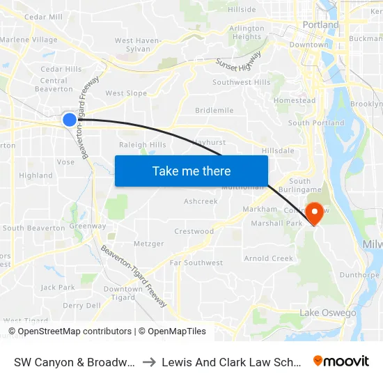 SW Canyon & Broadway to Lewis And Clark Law School map