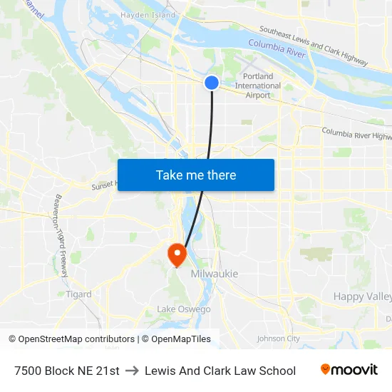 7500 Block NE 21st to Lewis And Clark Law School map