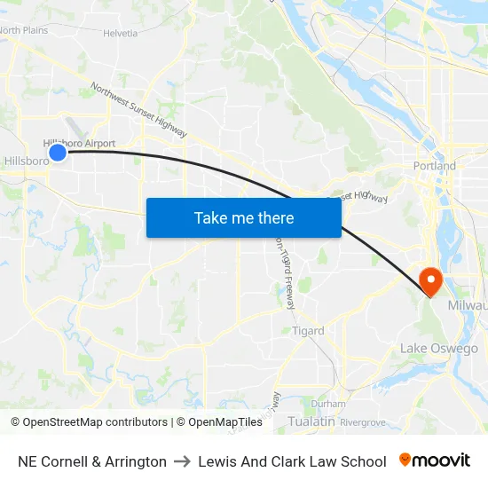 NE Cornell & Arrington to Lewis And Clark Law School map