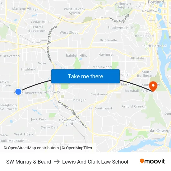 SW Murray & Beard to Lewis And Clark Law School map