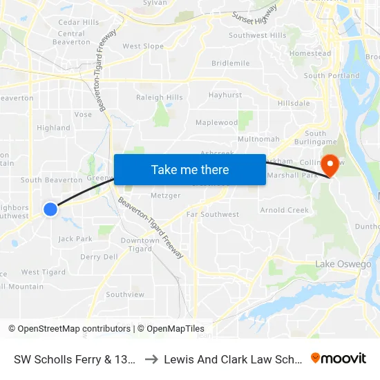 SW Scholls Ferry & 135th to Lewis And Clark Law School map