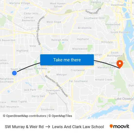 SW Murray & Weir Rd to Lewis And Clark Law School map