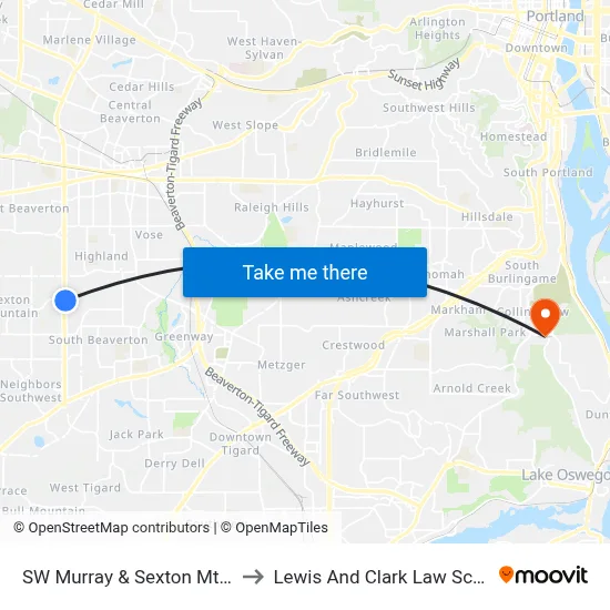 SW Murray & Sexton Mtn Dr to Lewis And Clark Law School map