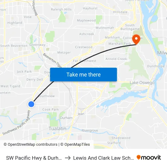 SW Pacific Hwy & Durham to Lewis And Clark Law School map