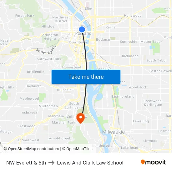 NW Everett & 5th to Lewis And Clark Law School map