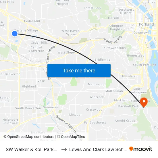SW Walker & Koll Parkway to Lewis And Clark Law School map