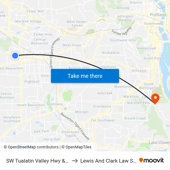 SW Tualatin Valley Hwy & 153rd to Lewis And Clark Law School map