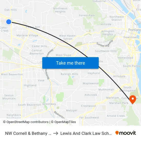 NW Cornell & Bethany Ct to Lewis And Clark Law School map