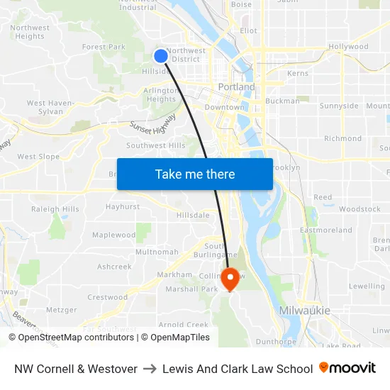 NW Cornell & Westover to Lewis And Clark Law School map