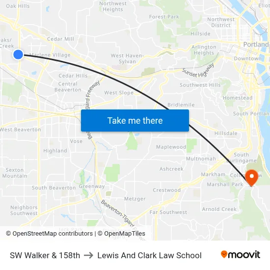 SW Walker & 158th to Lewis And Clark Law School map