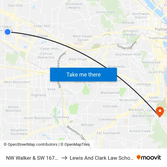 NW Walker & SW 167th to Lewis And Clark Law School map