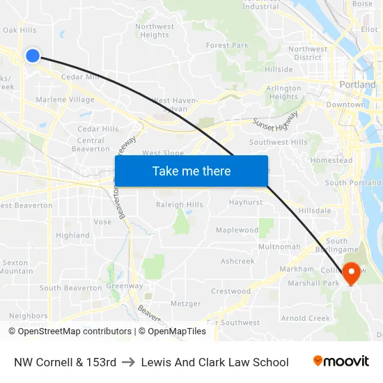 NW Cornell & 153rd to Lewis And Clark Law School map