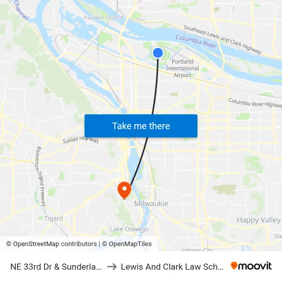NE 33rd Dr & Sunderland to Lewis And Clark Law School map