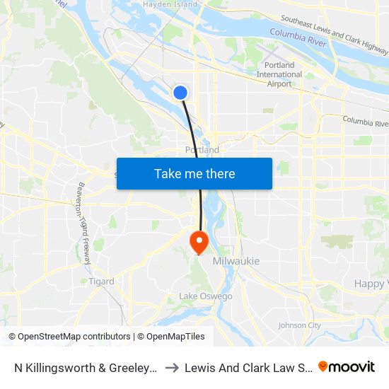 N Killingsworth & Greeley (East) to Lewis And Clark Law School map