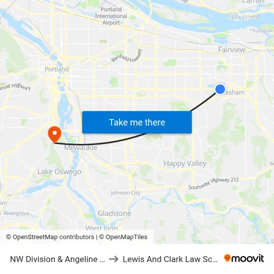 NW Division & Angeline Ave to Lewis And Clark Law School map