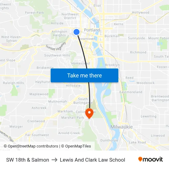 SW 18th & Salmon to Lewis And Clark Law School map