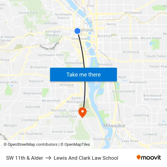 SW 11th & Alder to Lewis And Clark Law School map