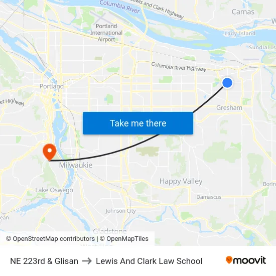 NE 223rd & Glisan to Lewis And Clark Law School map