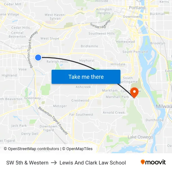 SW 5th & Western to Lewis And Clark Law School map