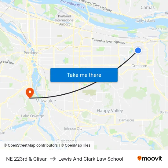 NE 223rd & Glisan to Lewis And Clark Law School map