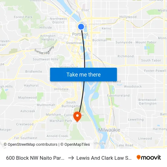 600 Block NW Naito Parkway to Lewis And Clark Law School map