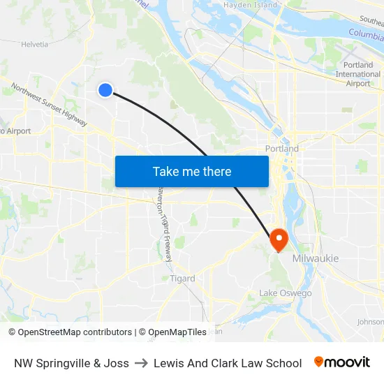NW Springville & Joss to Lewis And Clark Law School map