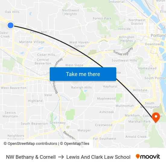 NW Bethany & Cornell to Lewis And Clark Law School map