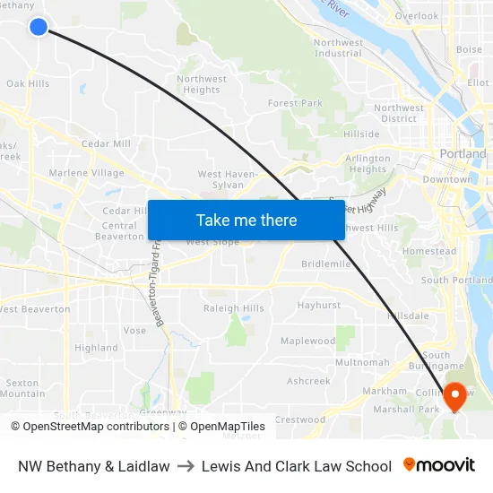 NW Bethany & Laidlaw to Lewis And Clark Law School map