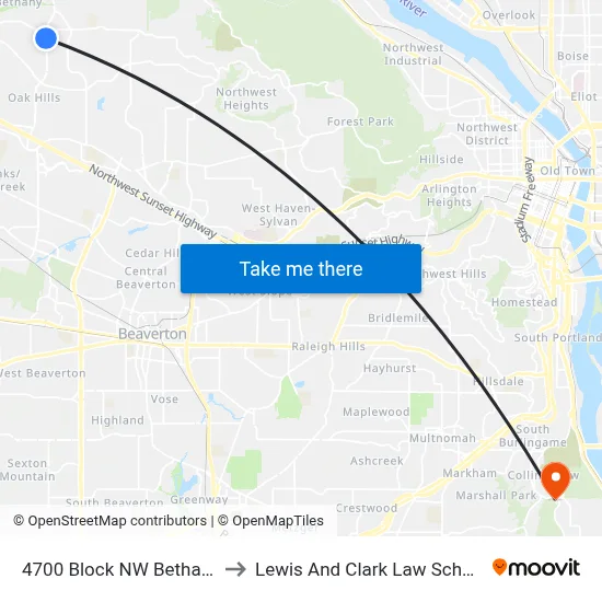 4700 Block NW Bethany to Lewis And Clark Law School map