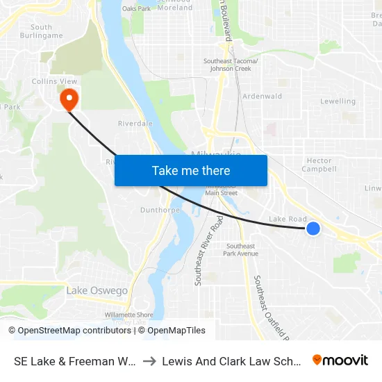 SE Lake & Freeman Way to Lewis And Clark Law School map