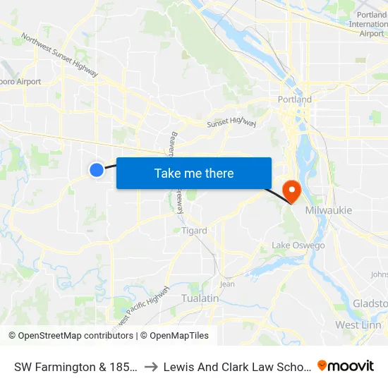 SW Farmington & 185th to Lewis And Clark Law School map