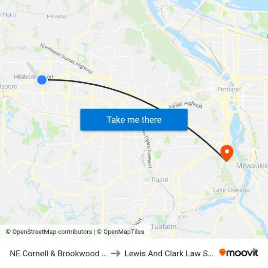 NE Cornell & Brookwood Pkwy to Lewis And Clark Law School map