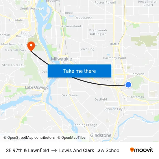 SE 97th & Lawnfield to Lewis And Clark Law School map