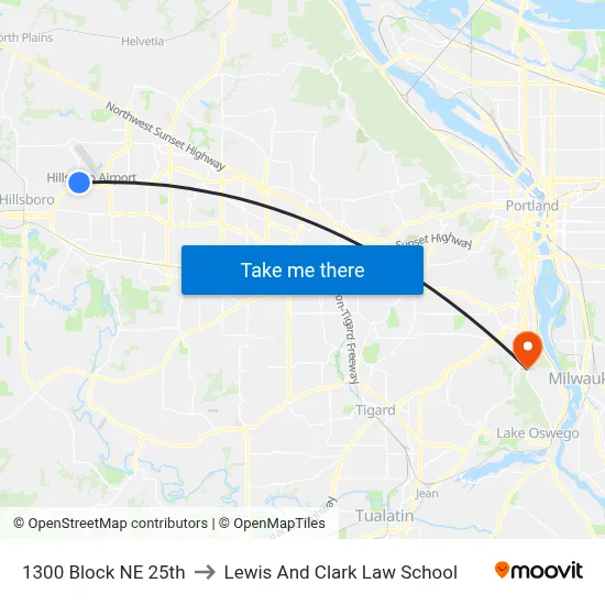 1300 Block NE 25th to Lewis And Clark Law School map