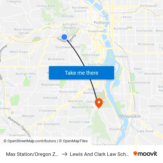 Max Station/Oregon Zoo to Lewis And Clark Law School map