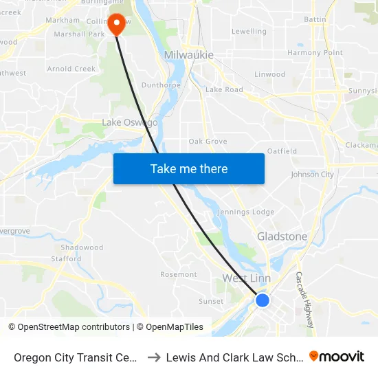 Oregon City Transit Center to Lewis And Clark Law School map
